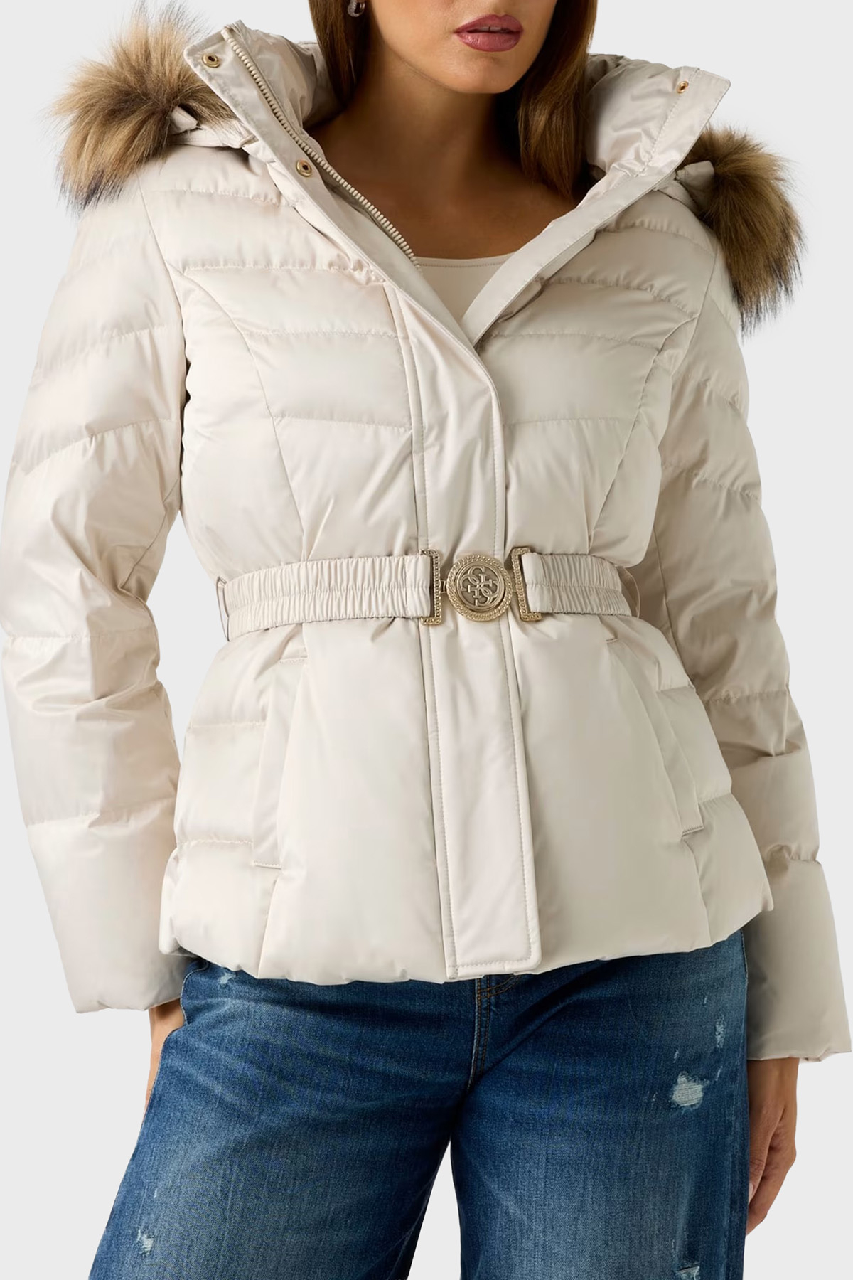 Guess Marina Regular Fit Çıkarılabilir Kapüşonlu Kemerli  W5BL31W2802 Kadın Mont W5BL31 W2802 A115 BEJ