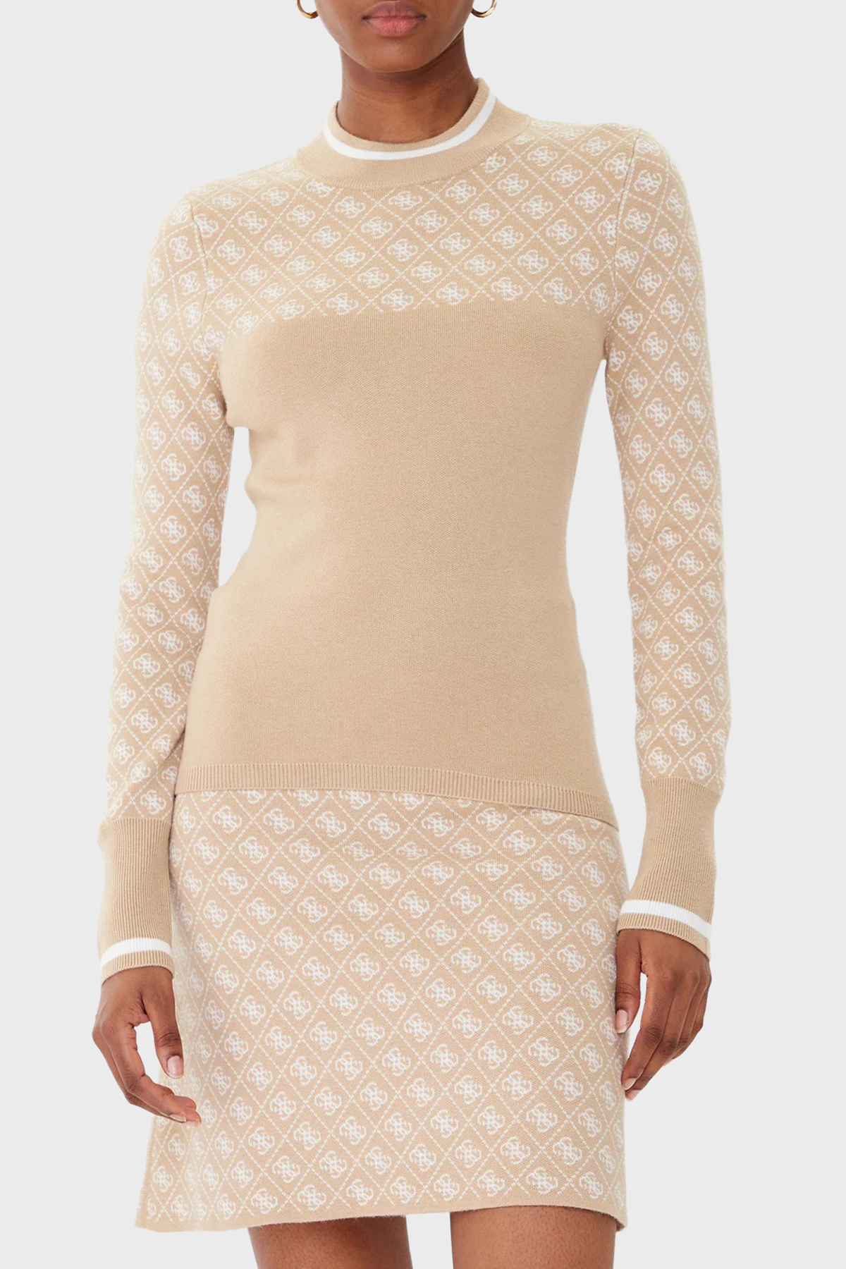 Guess Mock 4G Logolu Slim Fit Yarım Balıkçı Yaka  W5BR24Z3JD2 Kadın Kazak W5BR24 Z3JD2 FNI4 BEJ