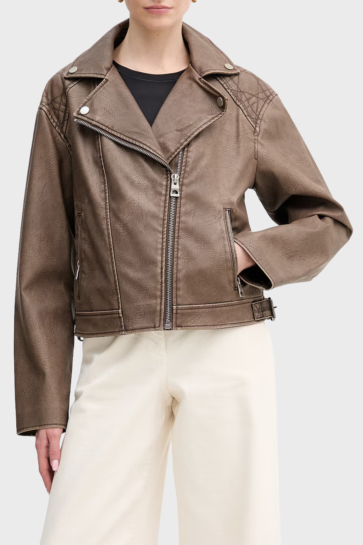 Guess Nada Slim Fit Kruvaze Yaka Kemer Detaylı Biker  W6RL09WH1X0 Kadın Ceket W6RL09 WH1X0 G1EA KAHVE