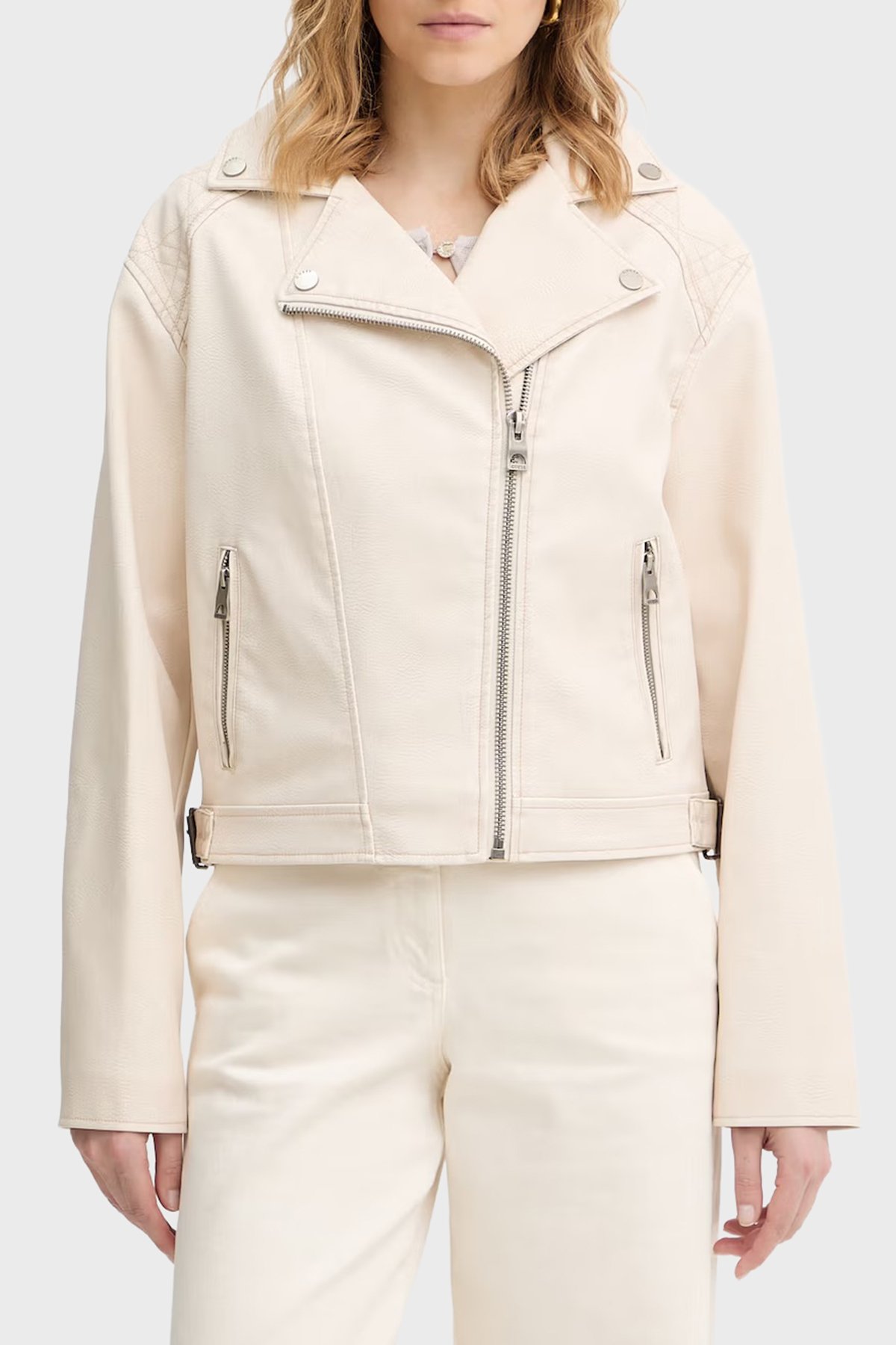 Guess Nada Slim Fit Kruvaze Yaka Kemer Detaylı Biker  W6RL09WH1X0 Kadın Ceket W6RL09 WH1X0 G1FG BEJ