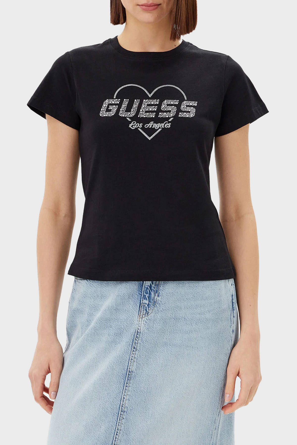 Guess Narciso Taşlı Logo Pamuklu Regular Fit  V5GI10K9RM1 Kadın T Shirt V5GI10 K9RM1 JBLK SİYAH