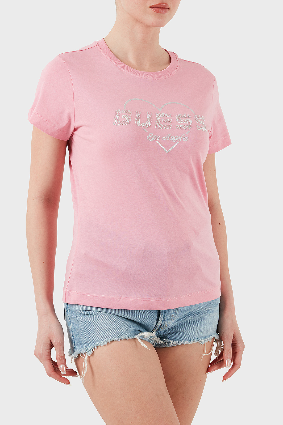 Guess Narciso Taşlı Logo Pamuklu Regular Fit  V5GI10K9RM1 Kadın T Shirt V5GI10 K9RM1 PSPK PEMBE