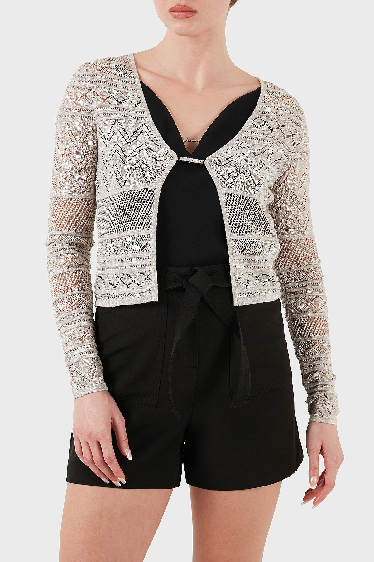 Guess Nellie Ajurlu Regular Fit V Yaka Simli Kısa  W5GR15Z3E22 Kadın Hırka W5GR15 Z3E22 F97H GRİ