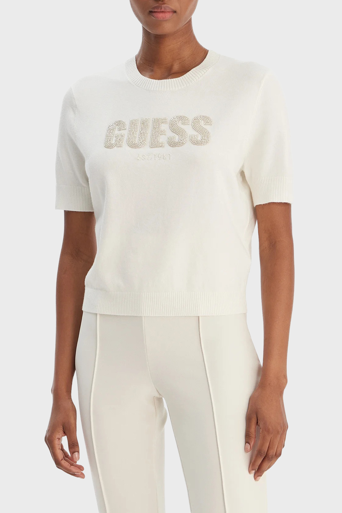 Guess Norah Regular Fit Bisiklet Yaka Taşlı Logolu  W6RR47Z2NQ2 Kadın Kazak W6RR47 Z2NQ2 G012 BEYAZ