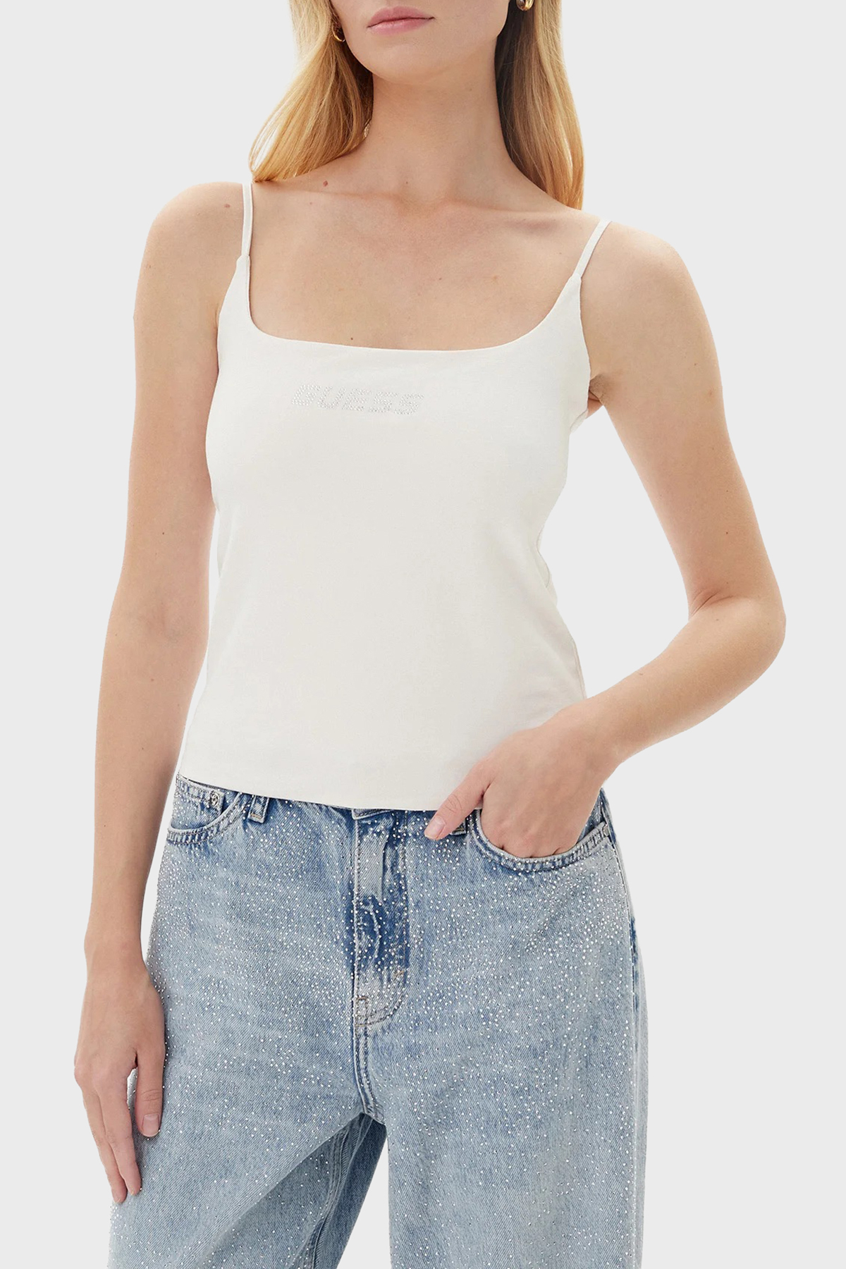 Guess Ortensia Pamuklu Slim Fit Taşlı Logolu  V5GP22J1314 Kadın Top V5GP22 J1314 G056 KREM