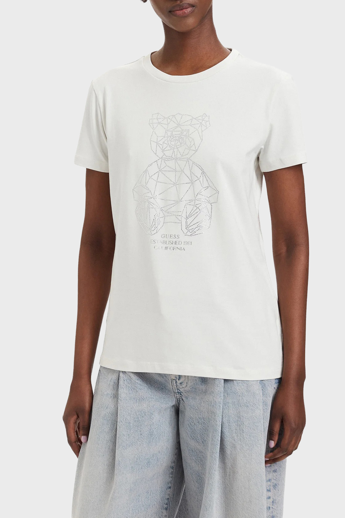 Guess Pamuklu Regular Fit Bisiklet Yaka Taşlı  V6GI12K3325 Kadın T Shirt V6GI12 K3325 G056 EKRU