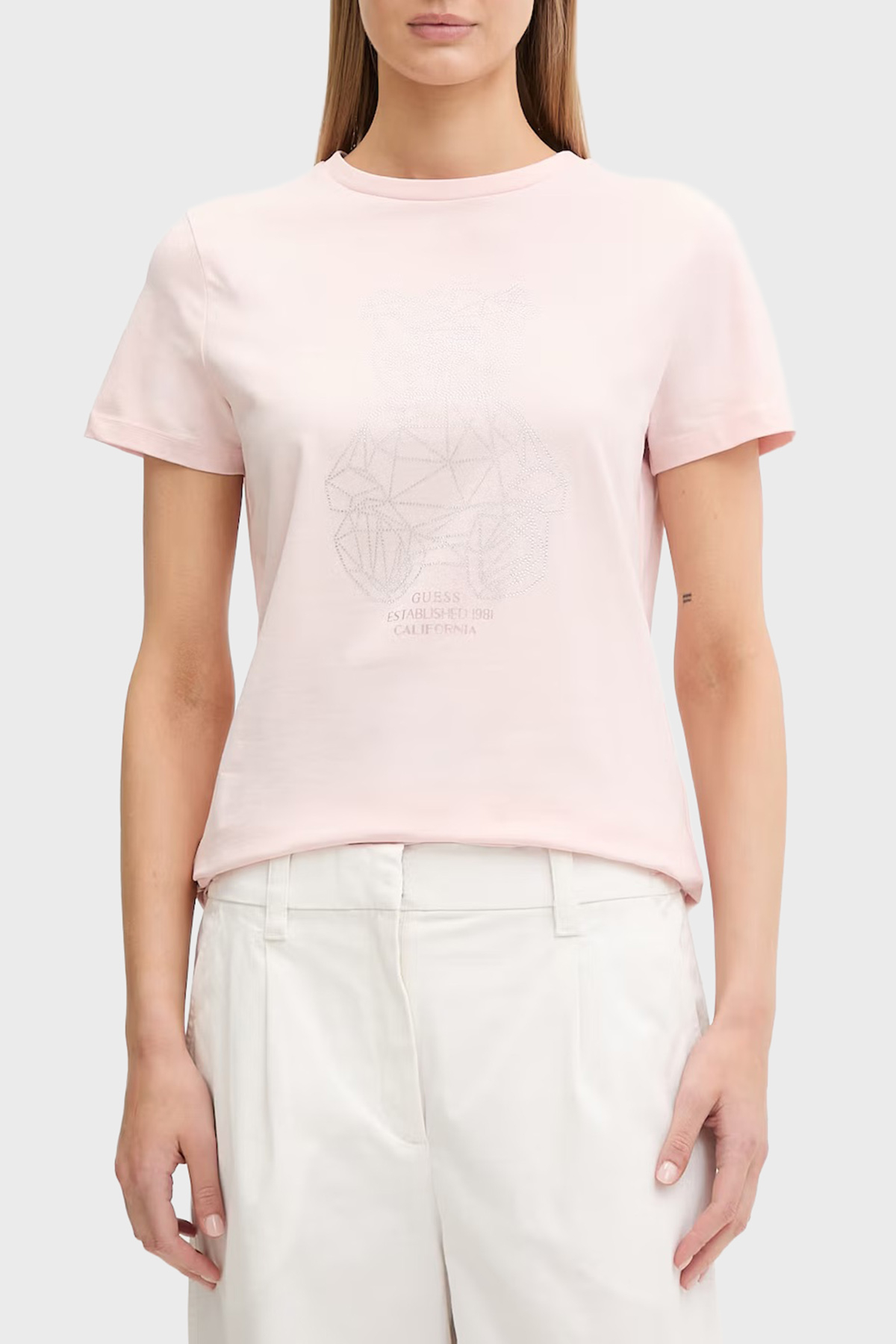 Guess Pamuklu Regular Fit Bisiklet Yaka Taşlı  V6GI12K3325 Kadın T Shirt V6GI12 K3325 G63M PUDRA