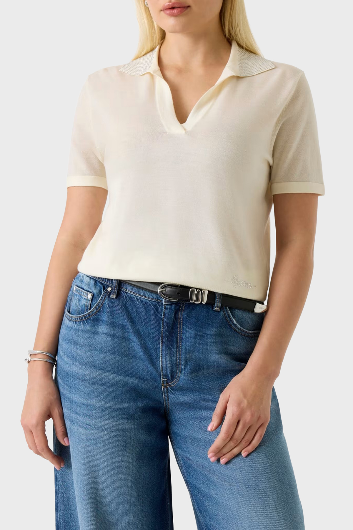 Guess Polo % 100 Yün Regular Fit Taş Detaylı  W6GR03Z0583 Kadın Polo Yaka Kazak W6GR03 Z0583 G012 KREM