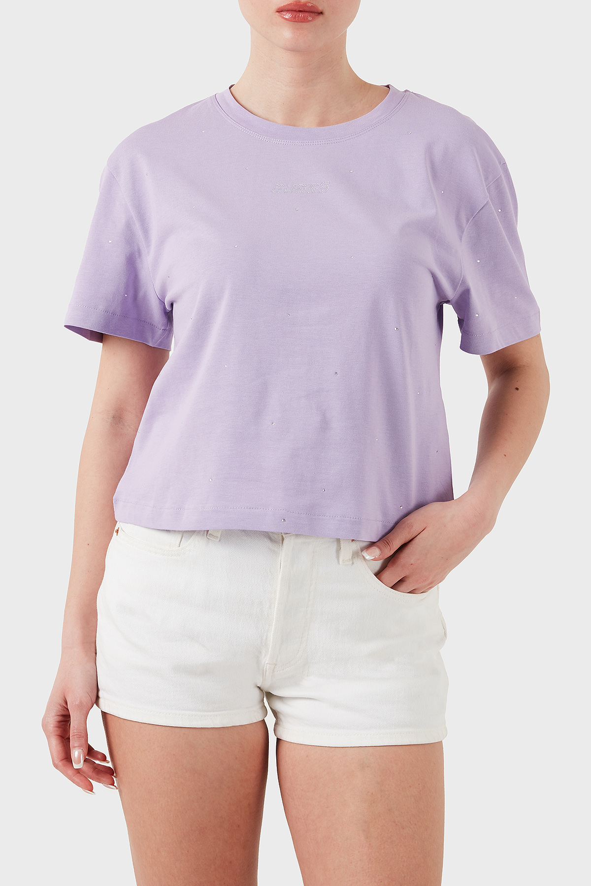 Guess Primula Taşlı Logolu Pamuklu Boxy Fit Bisiklet Yaka  V5GI00I3Z14 Kadın T Shirt V5GI00 I3Z14 G4I5 MOR