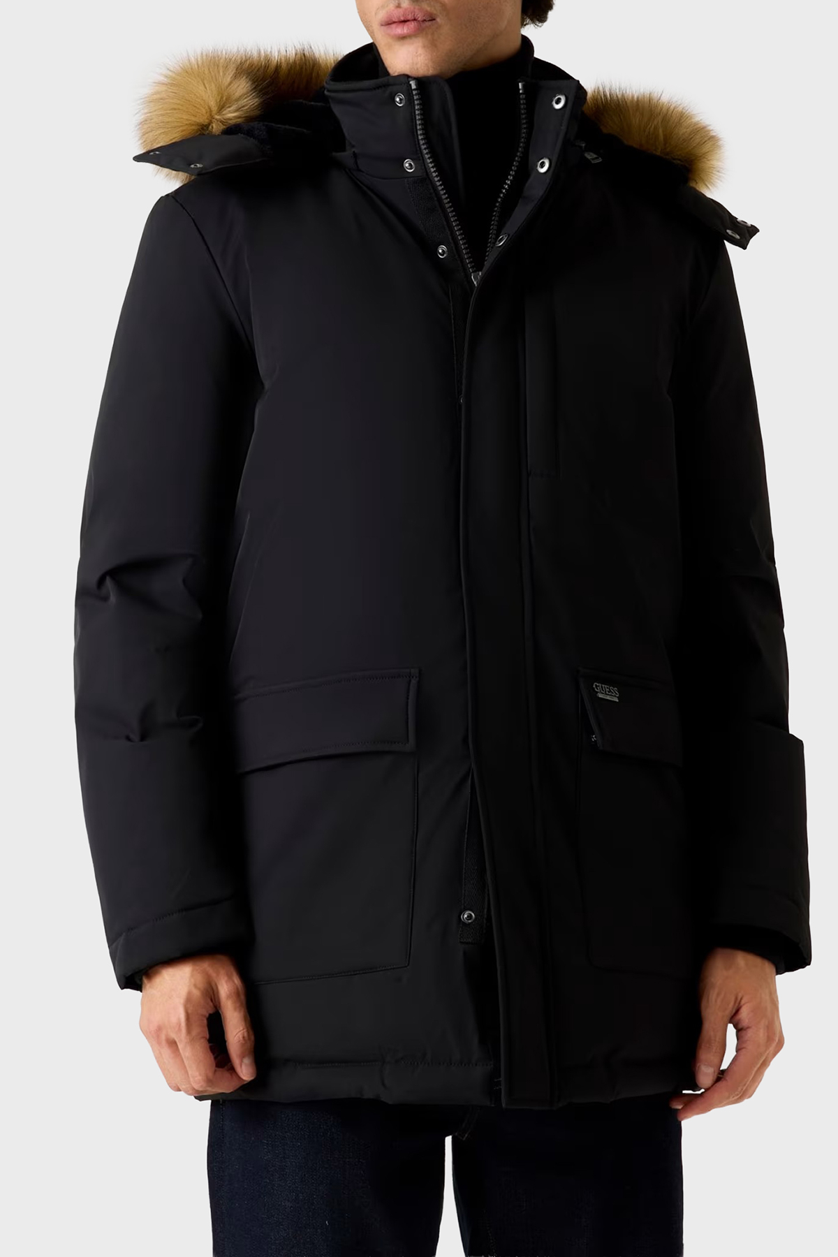 Guess Real Regular Fit Çıkarılabilir Kapüşonlu Su İtici  M5BL2GW2712 Erkek Parka M5BL2G W2712 JBLK SİYAH