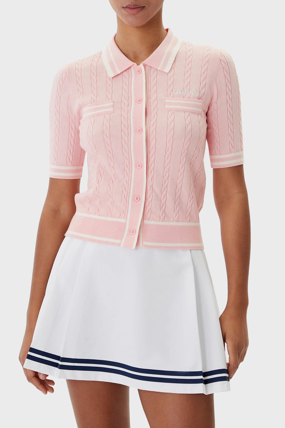 Guess Shari Logolu Slim Fit Örgü Detaylı Kısa Kollu Triko  V6RR02Z4652 Bayan Hırka V6RR02 Z4652 G66E PEMBE