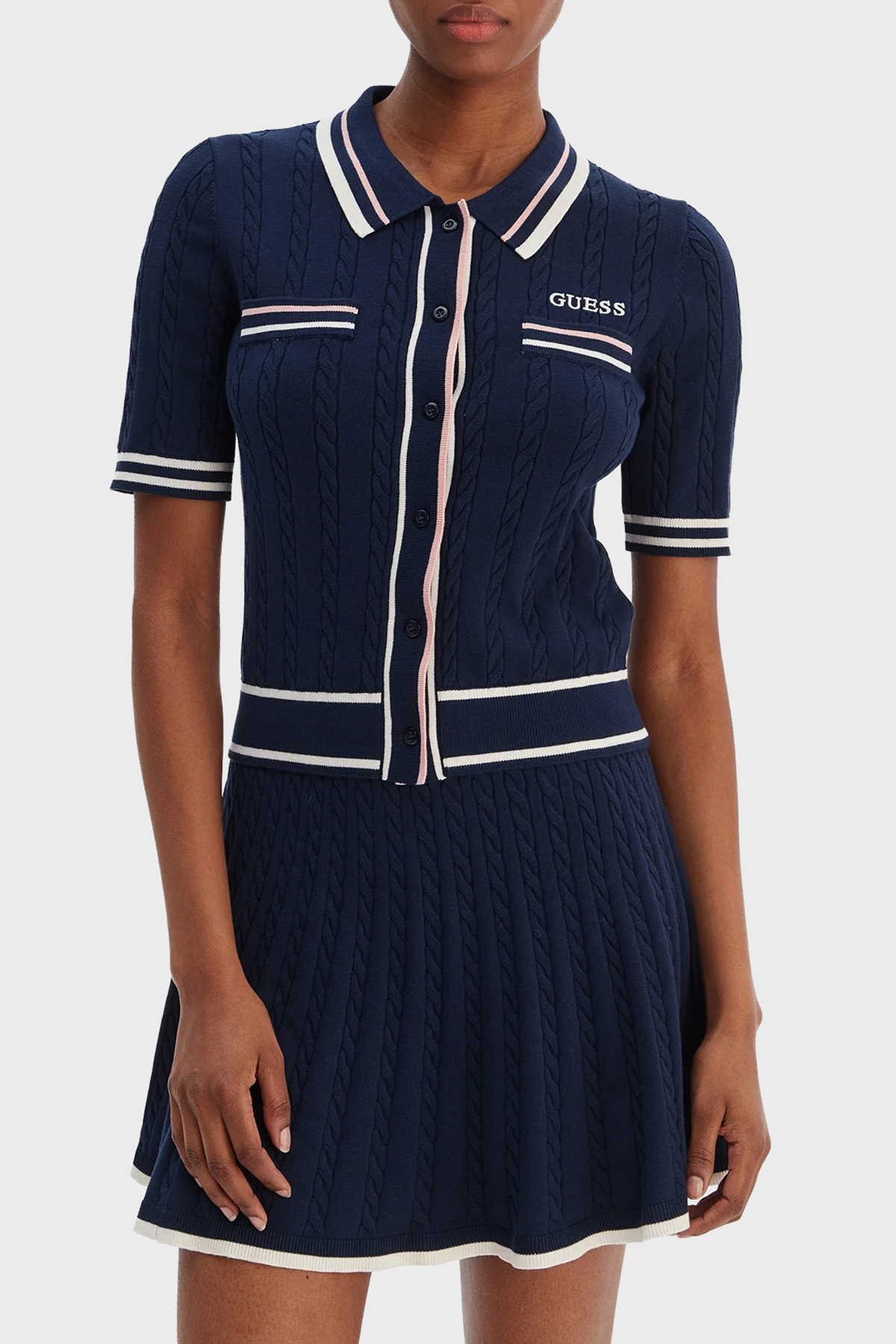 Guess Shari Logolu Slim Fit Örgü Detaylı Kısa Kollu Triko  V6RR02Z4652 Kadın Hırka V6RR02 Z4652 G7R1 MAVİ