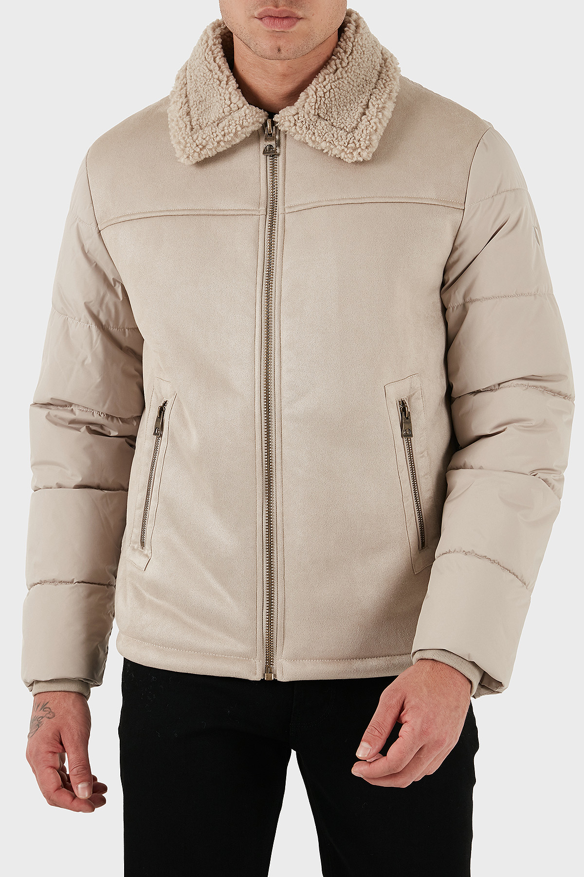 Guess Shearling Logolu Regular Fit Ceket Yaka Fermuarlı  M5BL79W2292 Erkek Mont M5BL79 W2292 G1CA BEJ