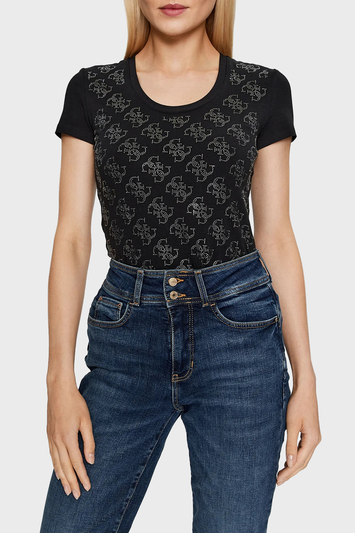 Guess Ss Cn 4G Allover Pamuklu Slim Fit  W3BI53J1314 Kadın T Shirt W3BI53 J1314 JBLK SİYAH