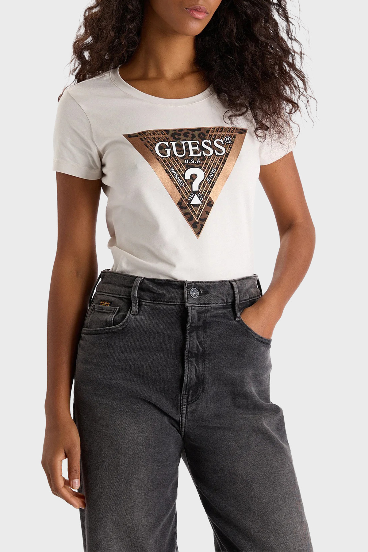Guess Ss Cn Leo Pamuk Karışım Regular Fit  W5BI28J1314 Kadın T Shirt W5BI28 J1314 G012 EKRU