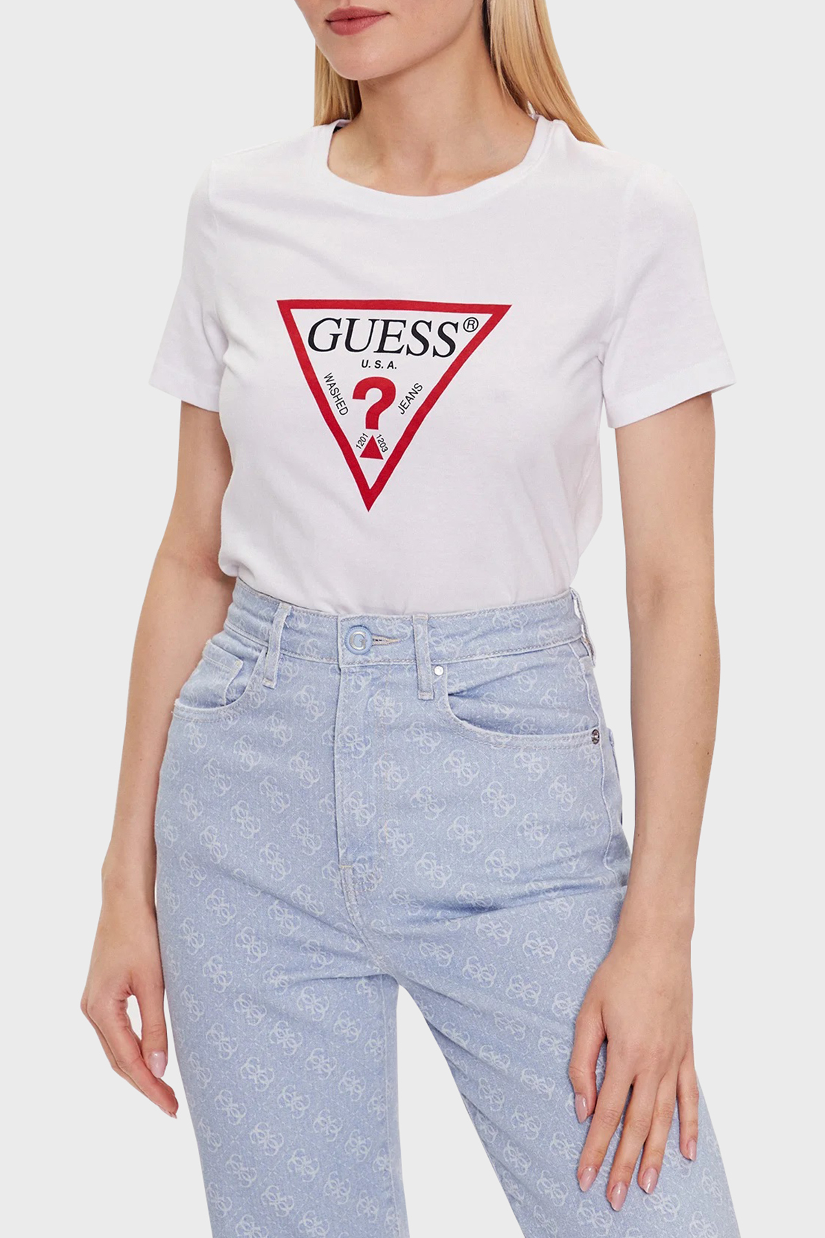 Guess Ss Cn Original Pamuklu Slim Fit Bisiklet Yaka  W1YI1BI3Z14G011 Kadın T Shirt W1YI1BI3Z14 G011 BEYAZ