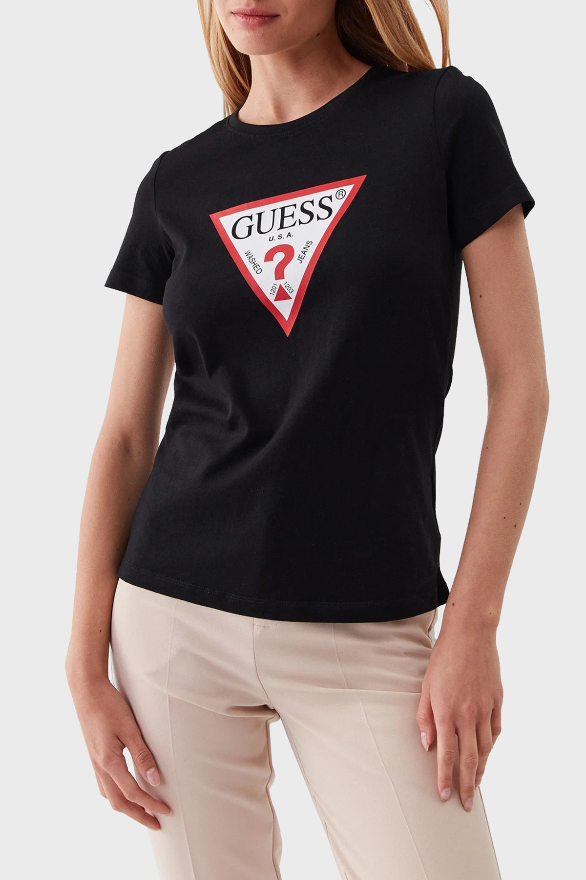 Guess Ss Cn Original Pamuklu Slim Fit Bisiklet Yaka  W1YI1BI3Z14JBLK Kadın T Shirt W1YI1BI3Z14 JBLK SİYAH