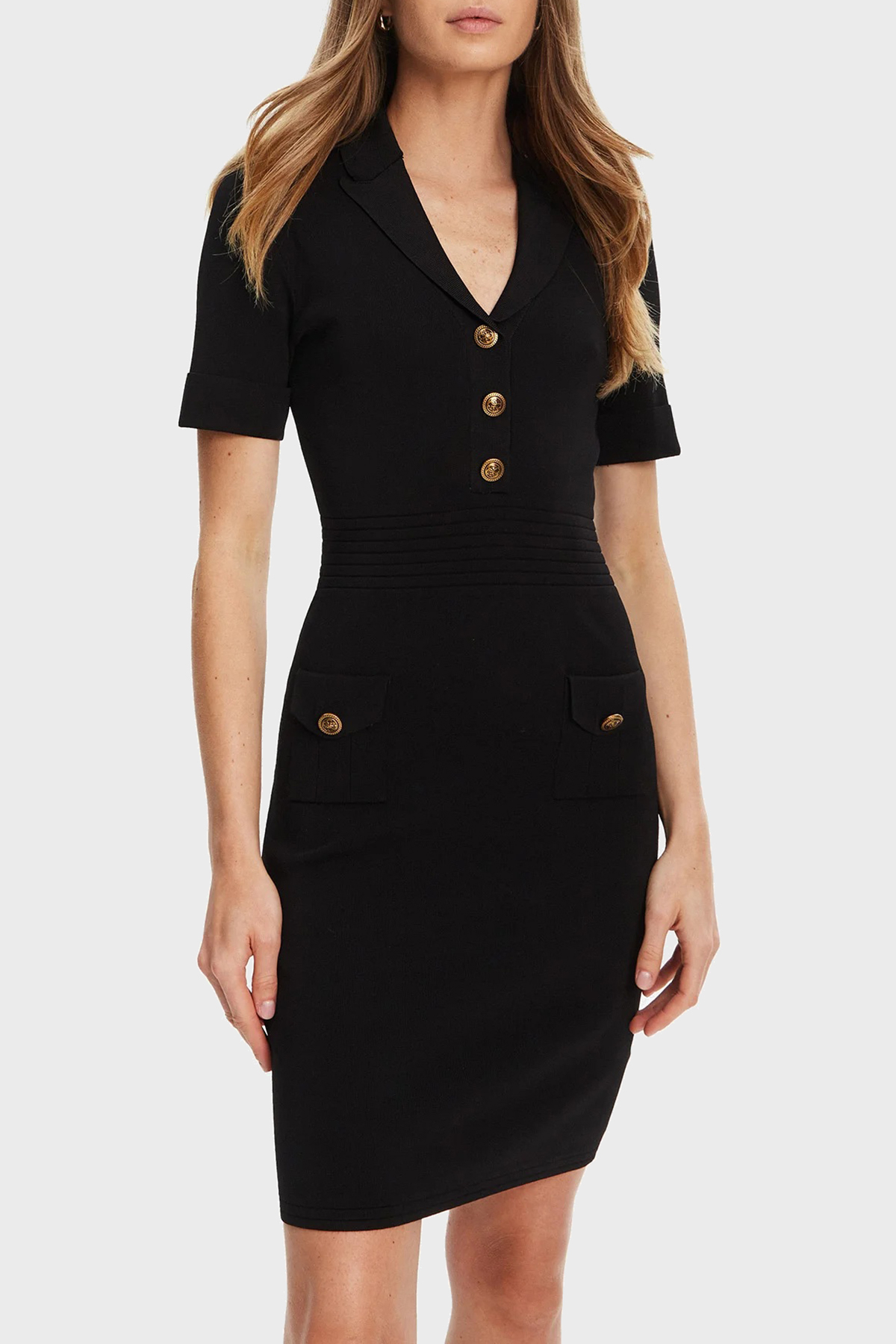 Guess Ss Felicity Slim Fit Mono Yaka Düğme Detaylı Mini  W5YK29Z0130 Kadın Elbise W5YK29 Z0130 JBLK SİYAH