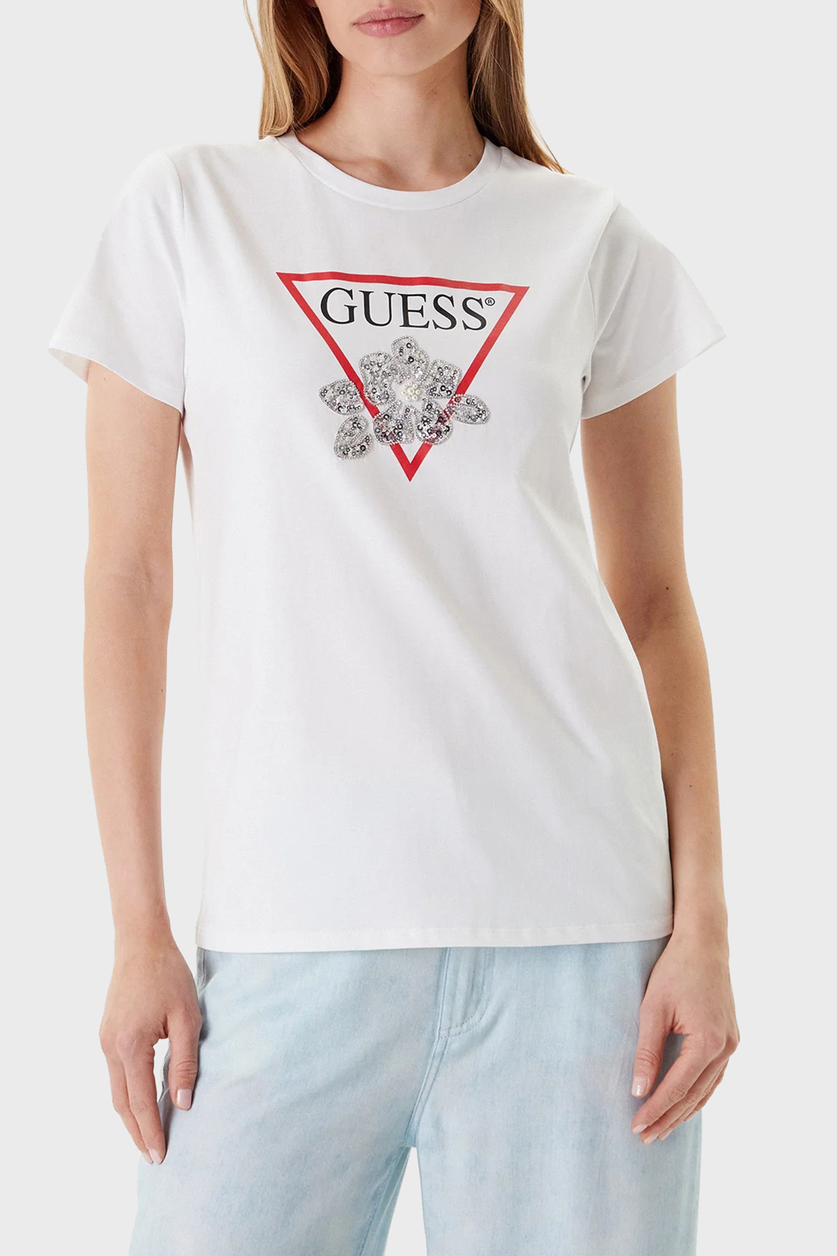 Guess Ss Flower Pamuklu Regular Fit Bisiklet Yaka Logolu  W5YI38I3Z14 Kadın T Shirt W5YI38 I3Z14 G011 BEYAZ