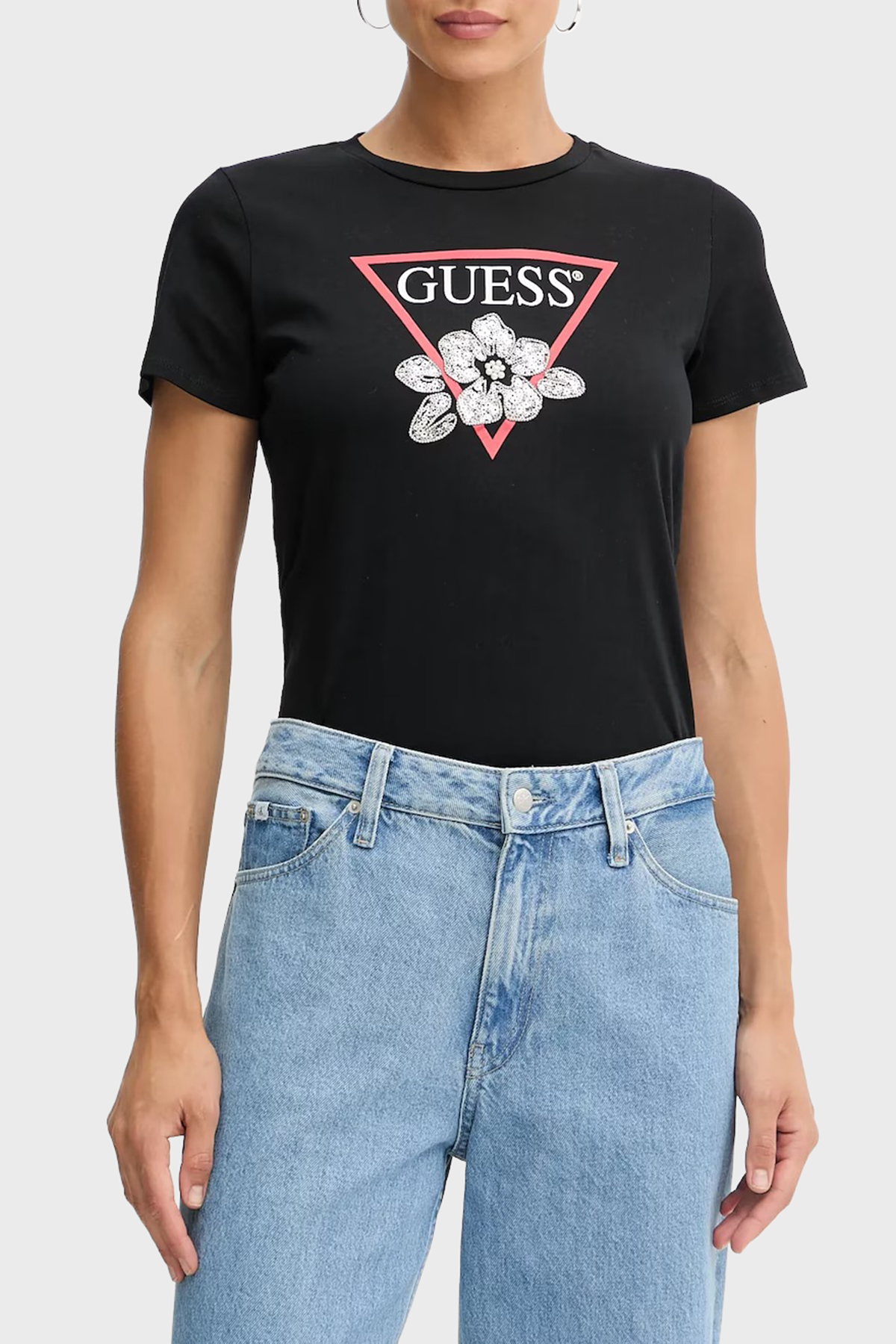 Guess Ss Flower Pamuklu Regular Fit Bisiklet Yaka Logolu  W5YI38I3Z14 Kadın T Shirt W5YI38 I3Z14 JBLK SİYAH
