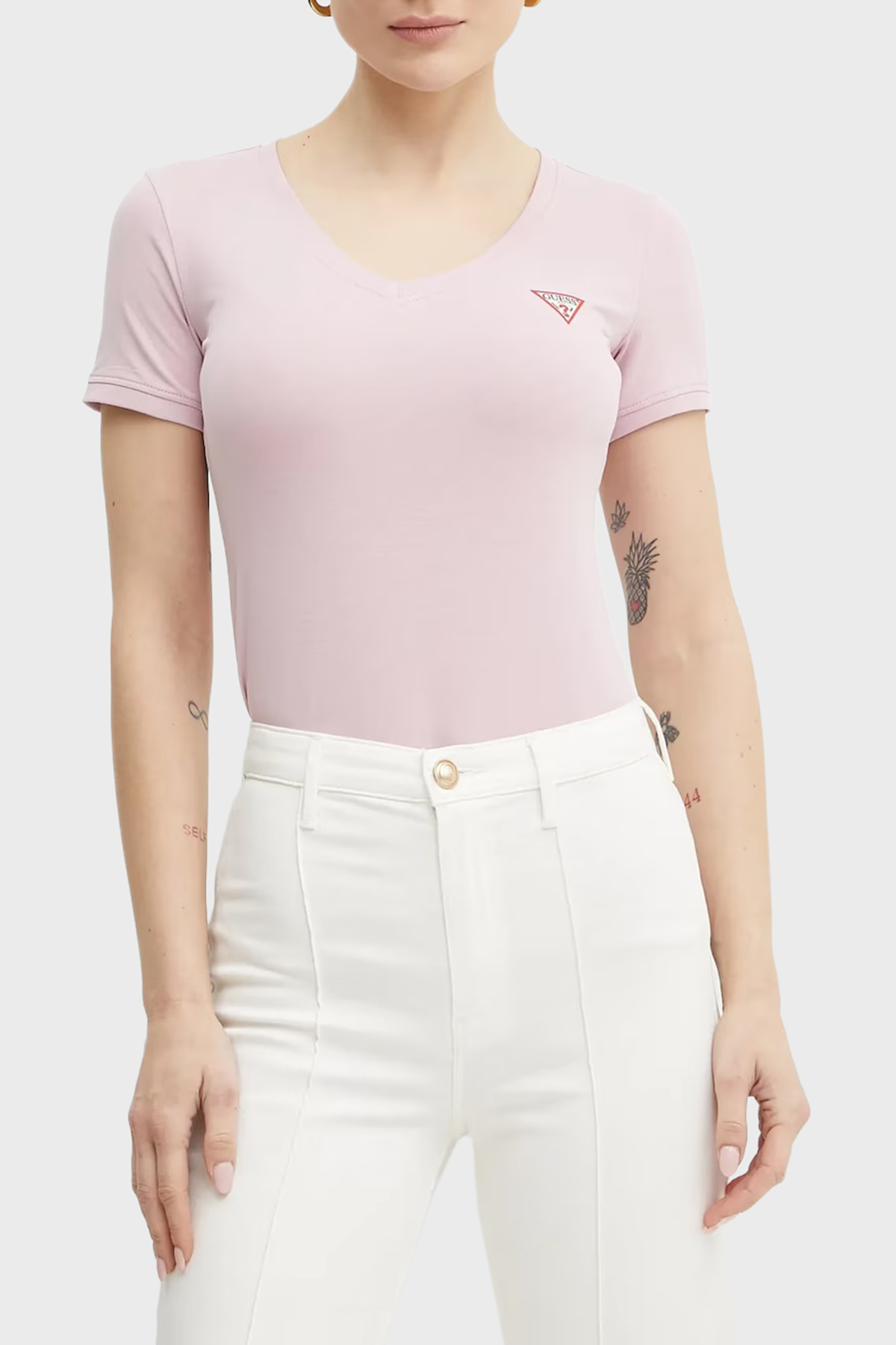 Guess Streç Pamuklu Slim Fit V Yaka Logolu  W2YI45J1314 Kadın T Shirt W2YI45 J1314 A627 PEMBE