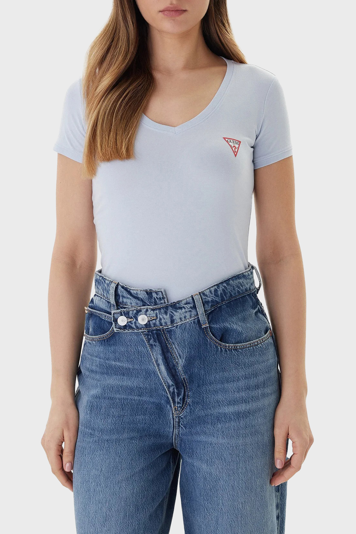 Guess Streç Pamuklu Slim Fit V Yaka Logolu  W2YI45J1314 Kadın T Shirt W2YI45 J1314 G7S1 MAVİ