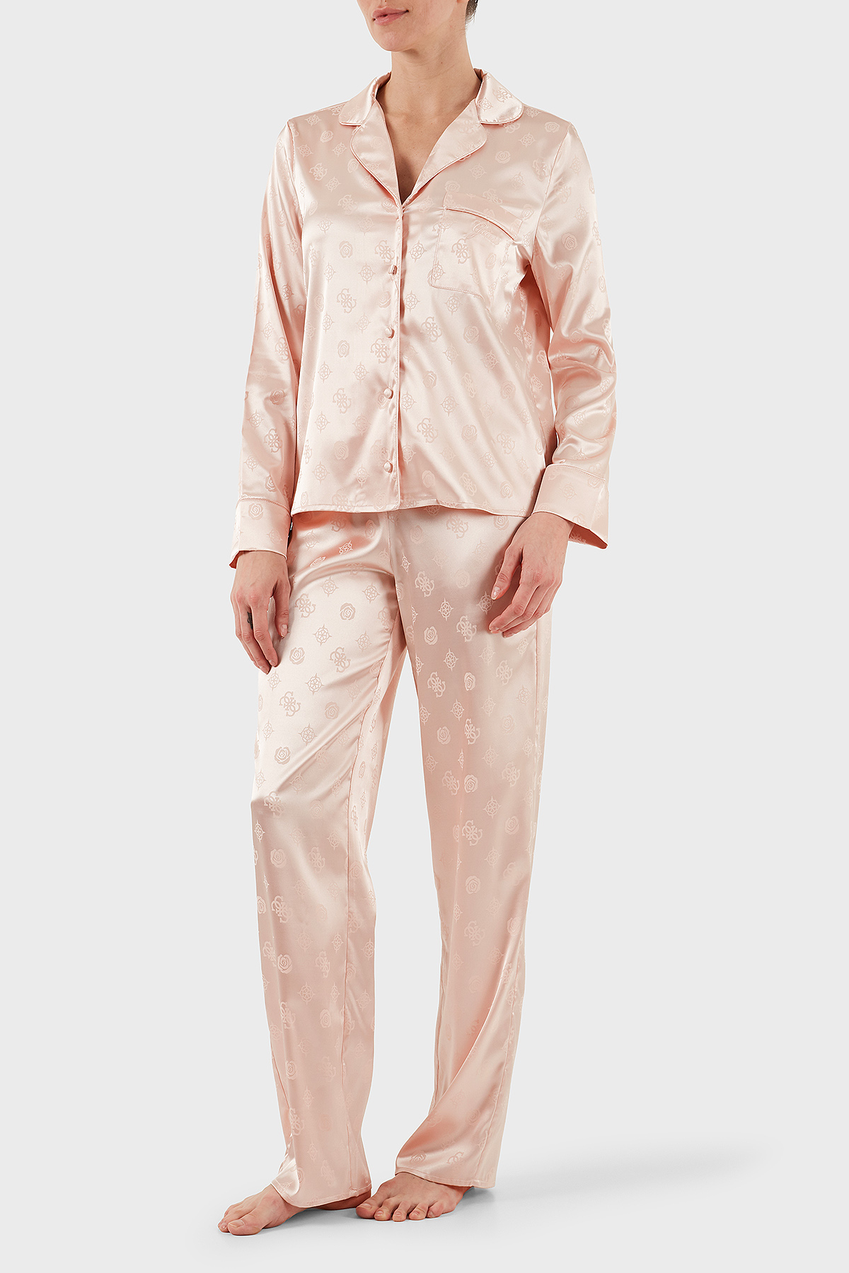 Guess Sylvie Tamamı 4G Logolu Regular Fit Uzun Kollu  O5BX05W4732 Kadın Pijama Takımı O5BX05 W4732 F6Z9 PUDRA