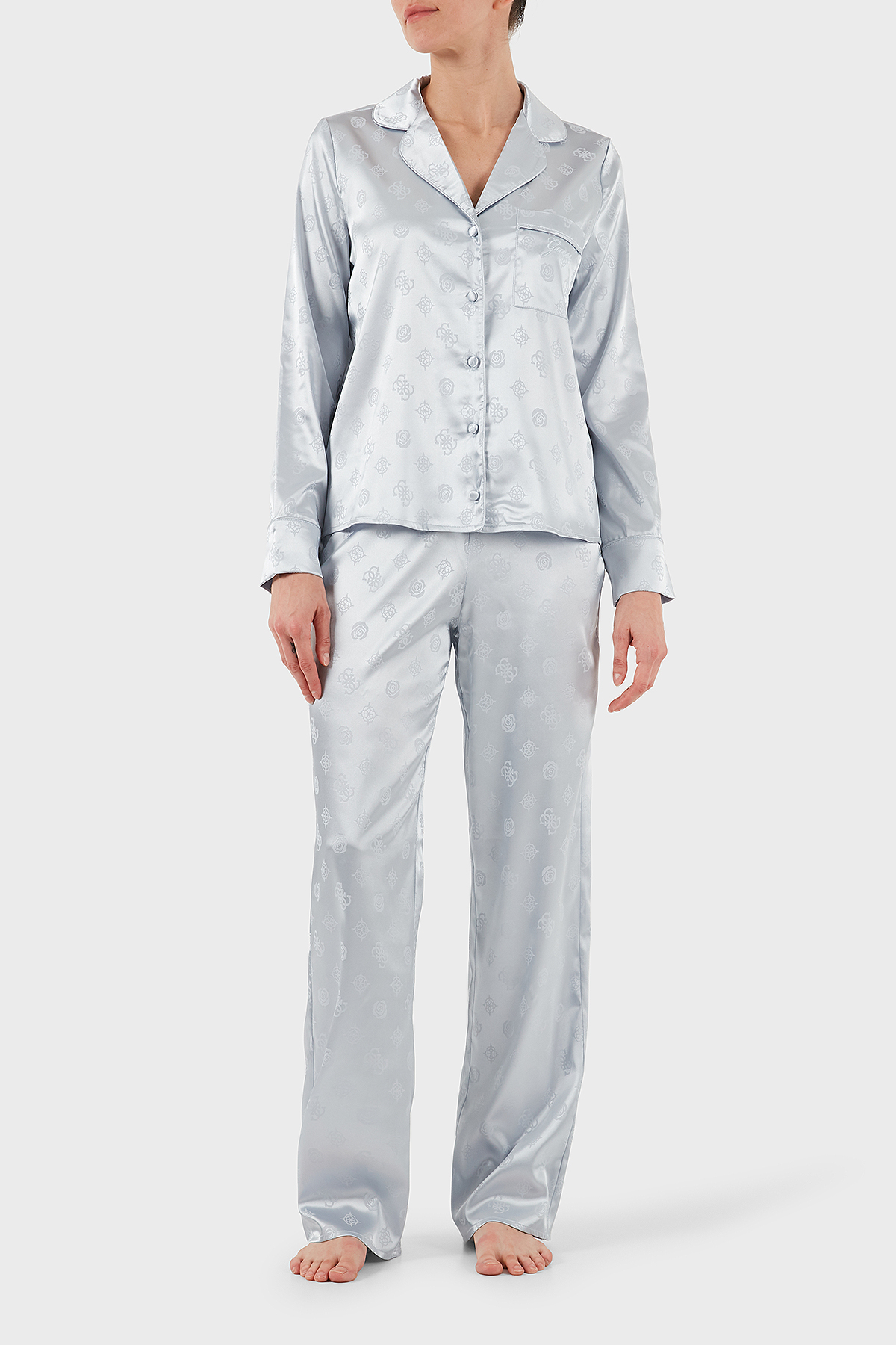 Guess Sylvie Tamamı 4G Logolu Regular Fit Uzun Kollu  O5BX05W4732 Kadın Pijama Takımı O5BX05 W4732 FBCW GRİ
