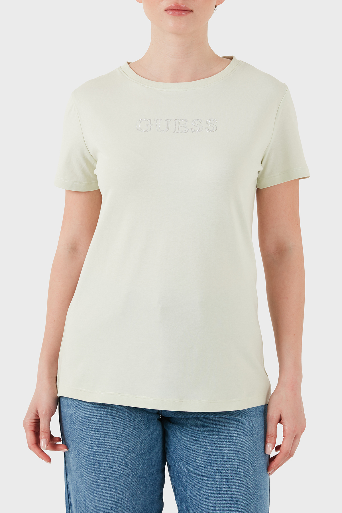 Guess Taşlı Logolu Pamuklu Regular Fit Bisiklet Yaka  V3BI11J1314 Kadın T Shirt V3BI11 J1314 A89J Yeşil