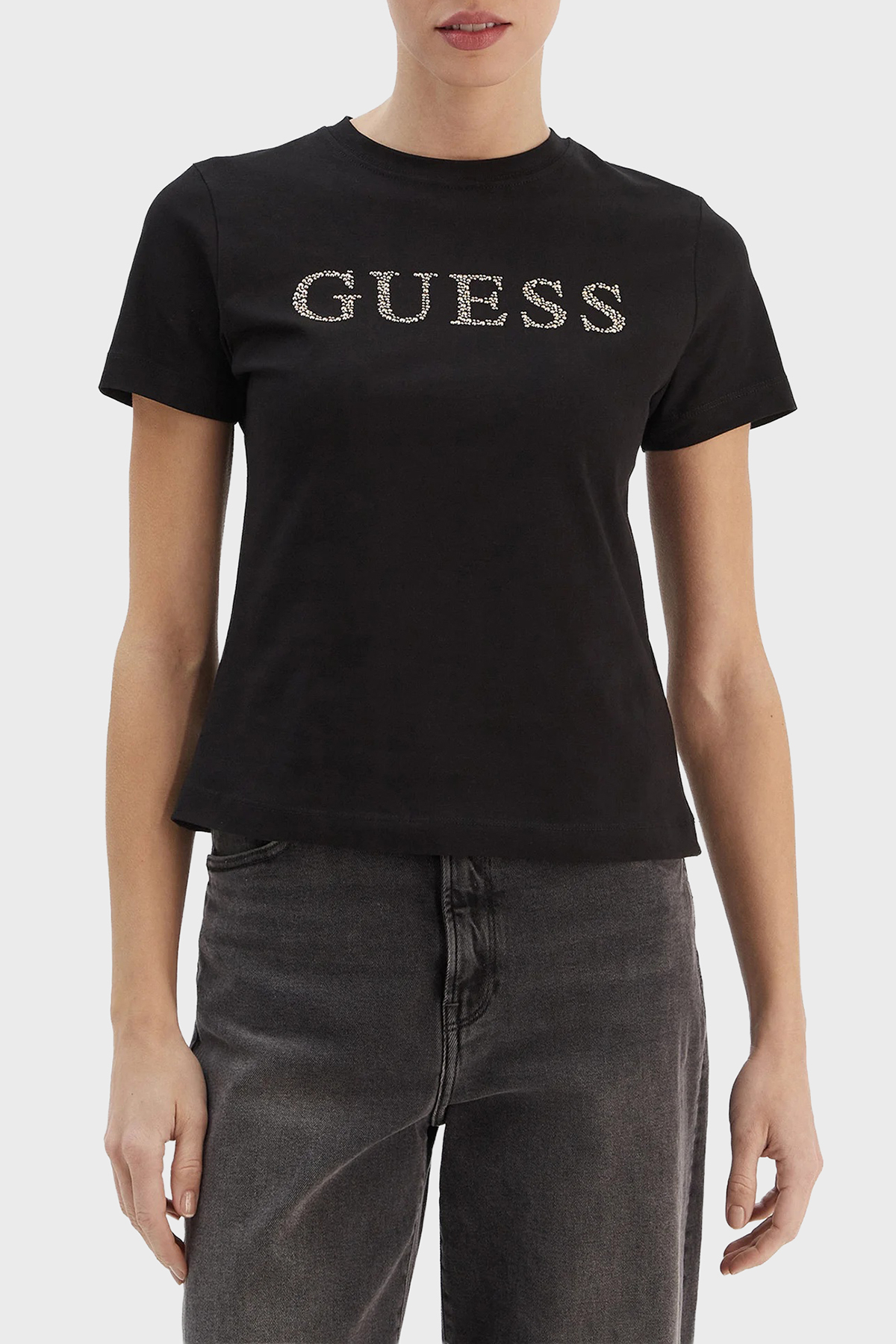 Guess Taşlı Logolu Pamuklu Slim Fit Bisiklet Yaka  V6RI20J1314 Kadın T Shirt V6RI20 J1314 JBLK SİYAH