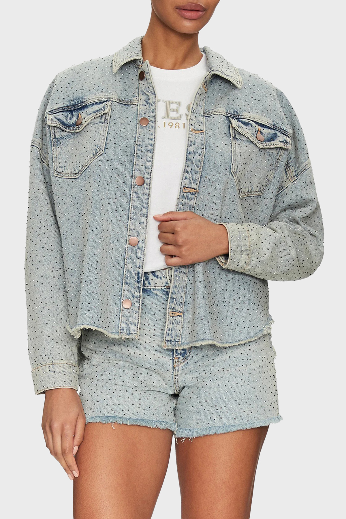 Guess Western % 100 Pamuk Regular Fit Taşlı  W5GN90D5LQ2 Kadın Kot Ceket W5GN90 D5LQ2 GRBG AÇIK MAVİ