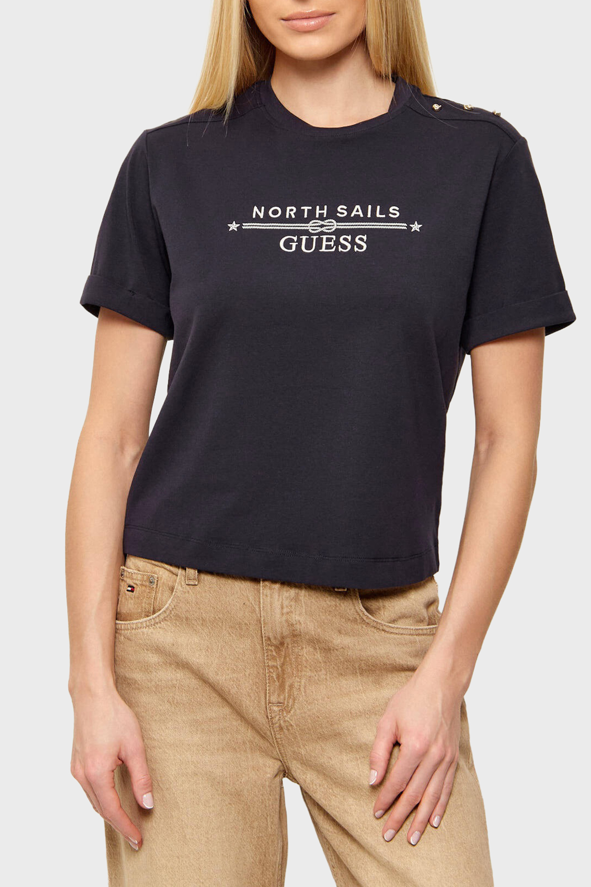 Guess Xns Pamuklu Regular Fit Bisiklet Yaka Logolu  W6GI03K2657 Kadın T Shirt W6GI03 K2657 G7V2 LACİVERT