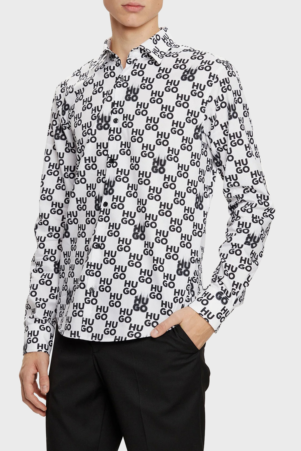 Hugo % 100 Pamuk Slim Fit Tamamı Logolu Erkek Gömlek 50534257 199 SİYAH-BEYAZ