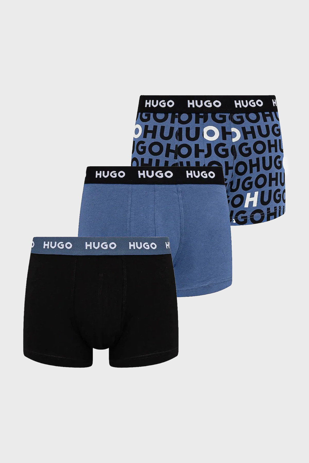 Hugo Desenli Streç Pamuklu 3 Pack Erkek Boxer 50532550 976 Mavi-Siyah