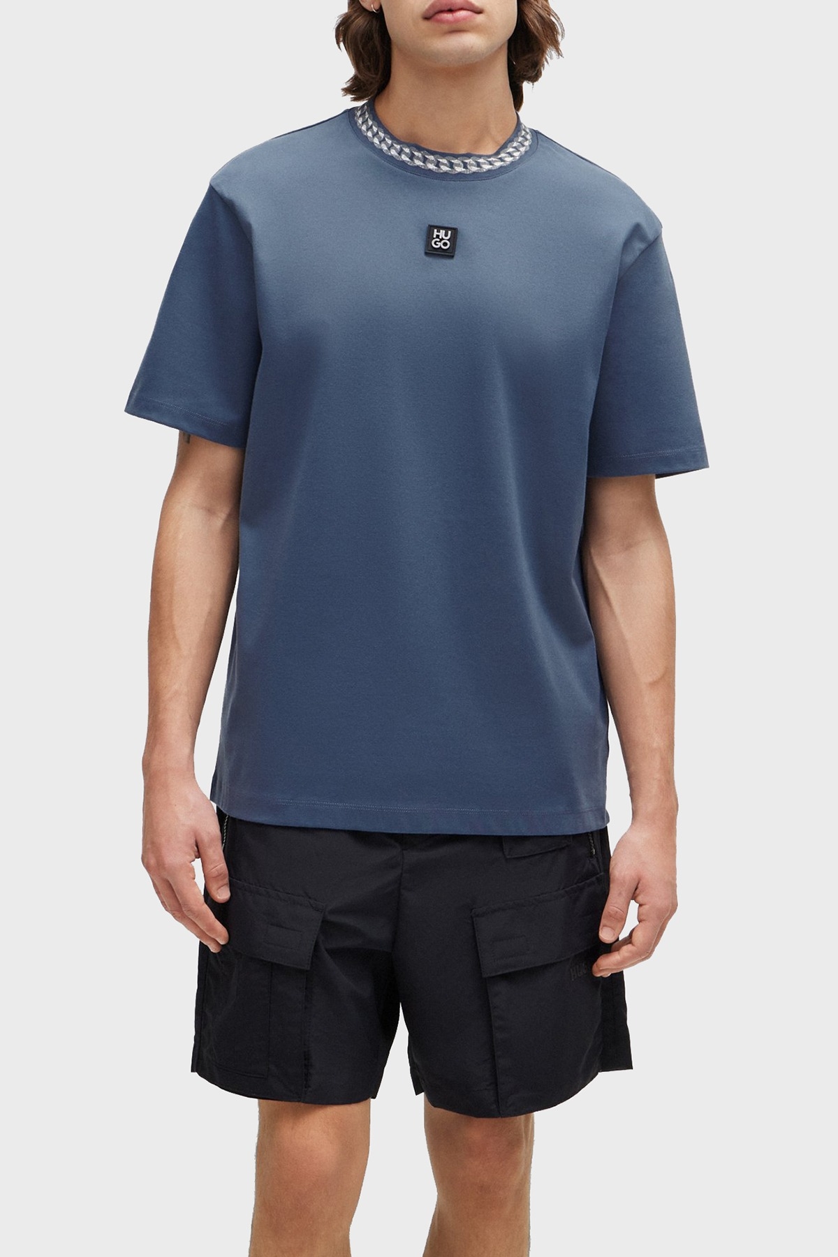 Hugo İnterlok Pamuklu Relaxed Fit Bisiklet Yaka Erkek T Shirt 50510035 462 MAVİ