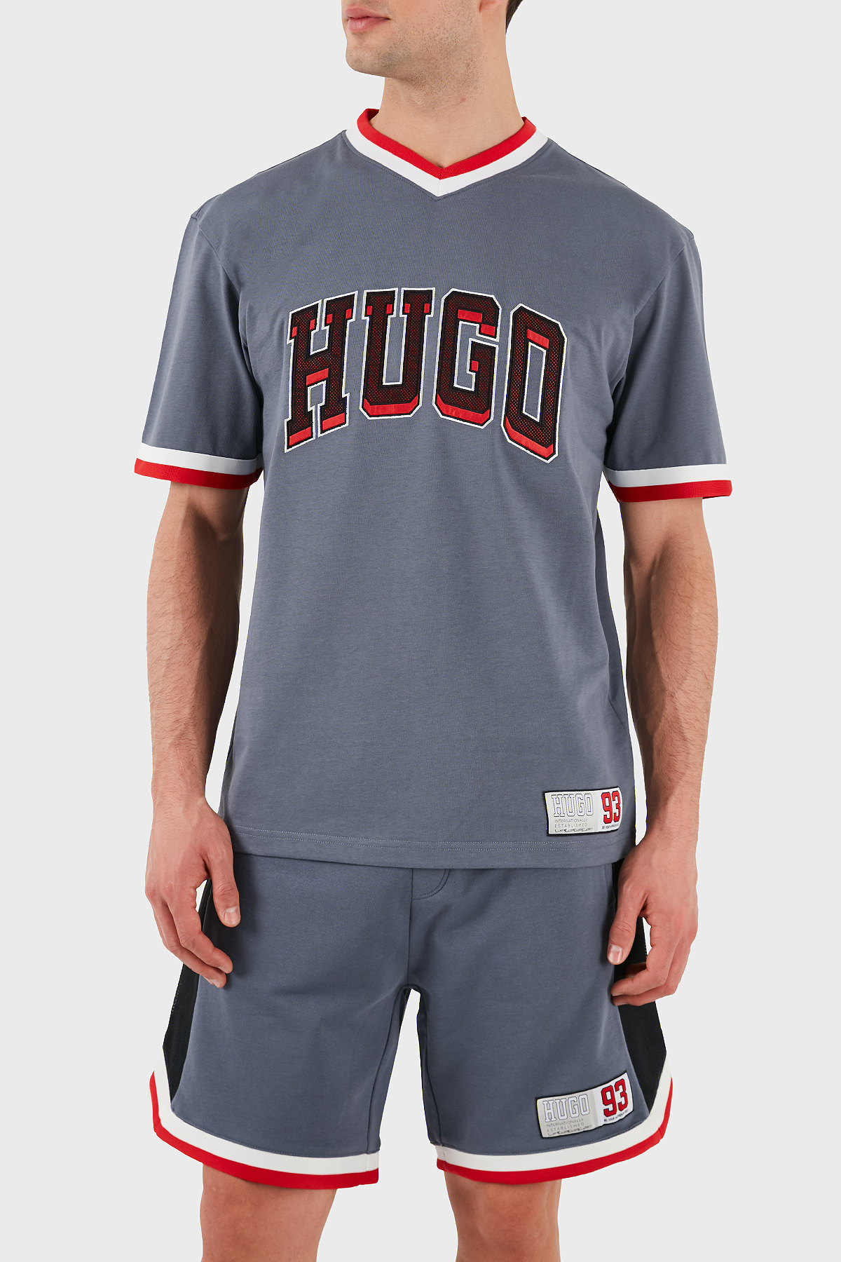 Hugo Logo Baskılı % 100 Pamuk Relaxed Fit V Yaka Erkek T Shirt 50510173 462 MAVİ
