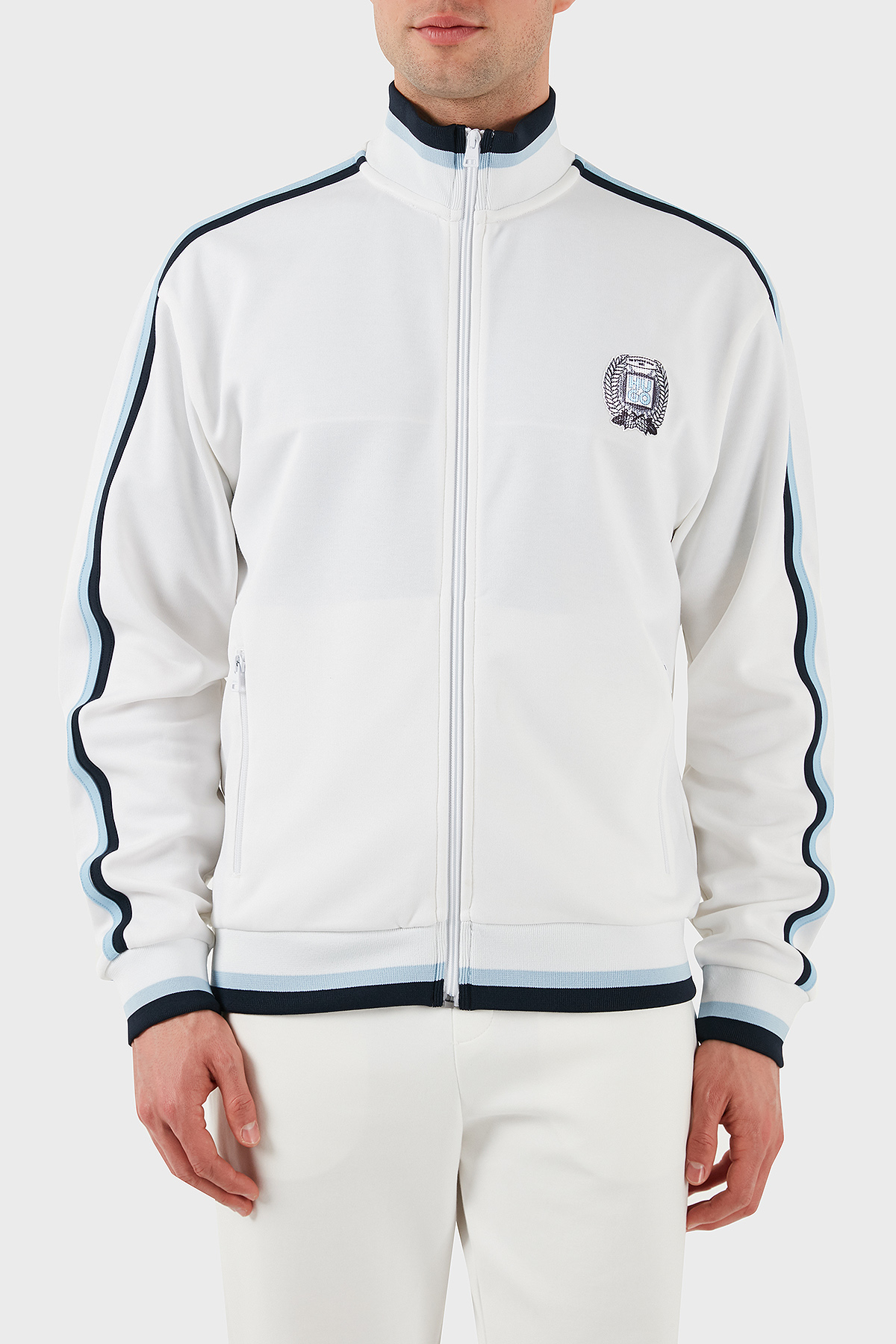 Hugo Logo Baskılı Pamuklu Regular Fit Şerit Detaylı Dik Yaka Erkek Sweat 50510098 100 BEYAZ