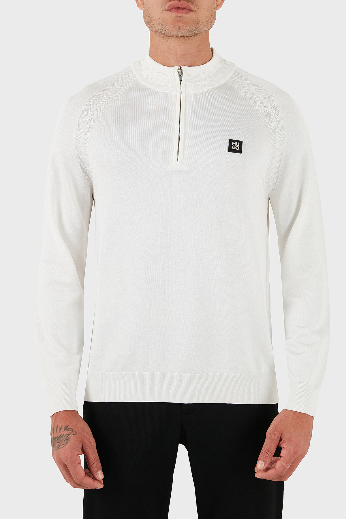 Hugo Logolu Regular Fit Yarım Fermuarlı Dik Yaka Erkek Kazak 50543786 102 BEYAZ