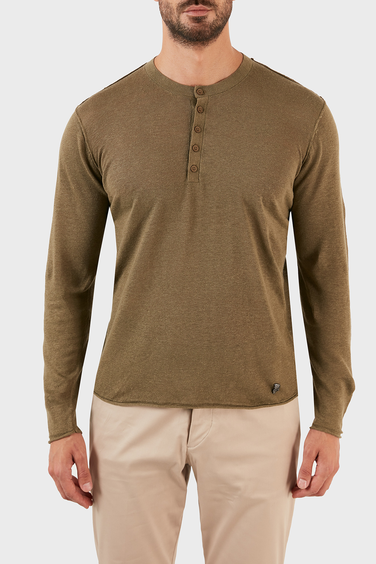 Karl Lagerfeld % 100 Keten Slim Fit Düğmeli Sıfır Yaka Triko Erkek Kazak 655045 0 521305 570 HAKİ