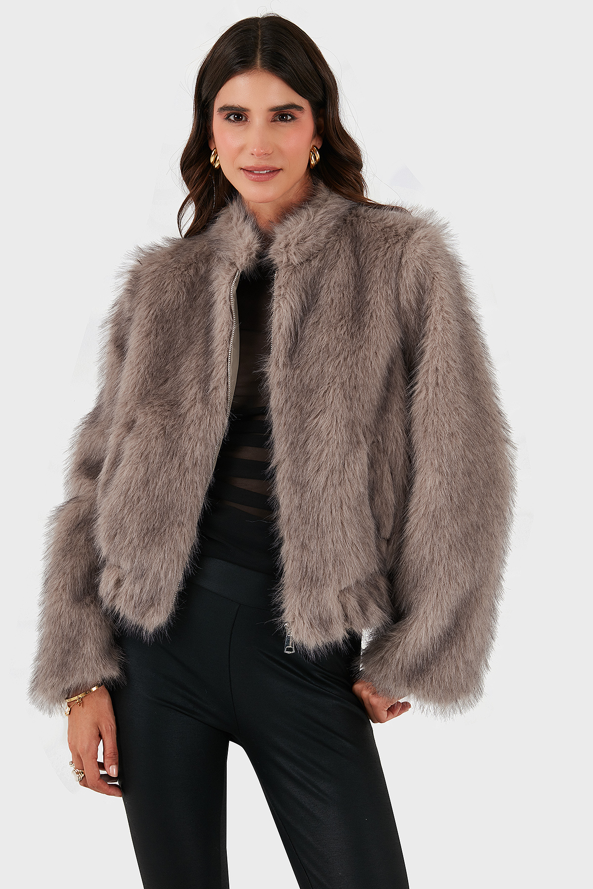 Lazzerini Tiziana Regular Fit Bisiklet Yaka Fermuarlı Kadın Kürk 68912359939 BEJ