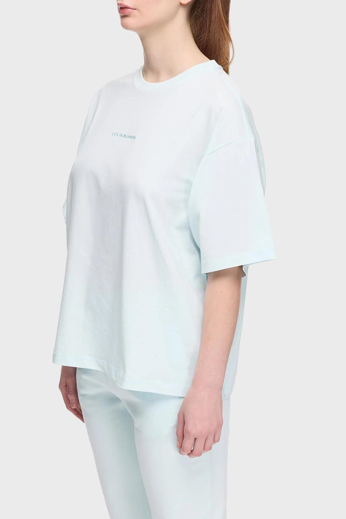 Les Benjamins % 100 Pamuk Oversize Fit Bisiklet Yaka Logolu Kadın T Shirt LBNOOSESSFUTS-311 BEBE MAVİ