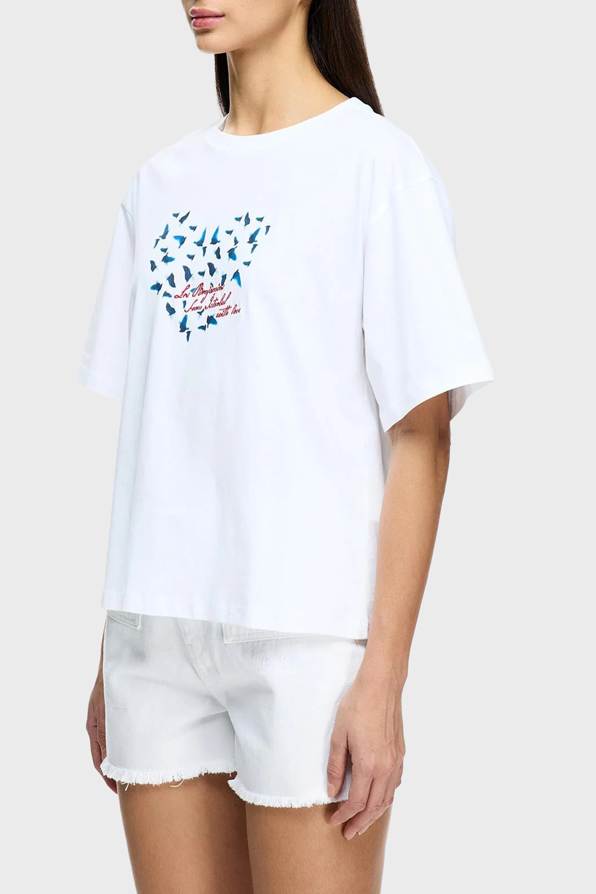 Les Benjamins Baskılı % 100 Pamuk Boxy Fit Bisiklet Yaka Kadın T Shirt LB25SSUNLFUTS-011 BEYAZ
