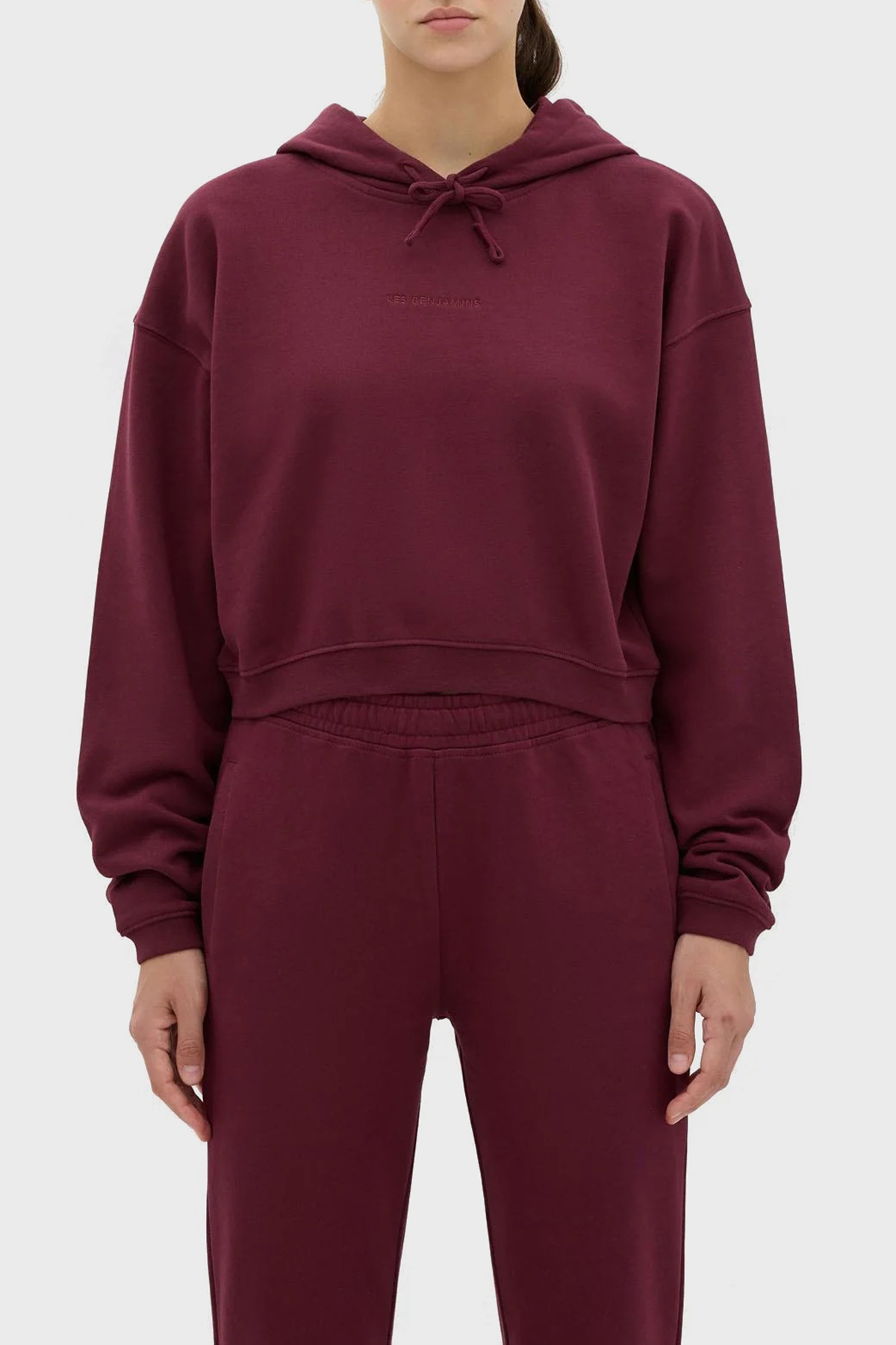 Les Benjamins Kapüşonlu % 100 Pamuk Crop Fit Kadın Sweat LB23FWESSFUHD-301 BORDO