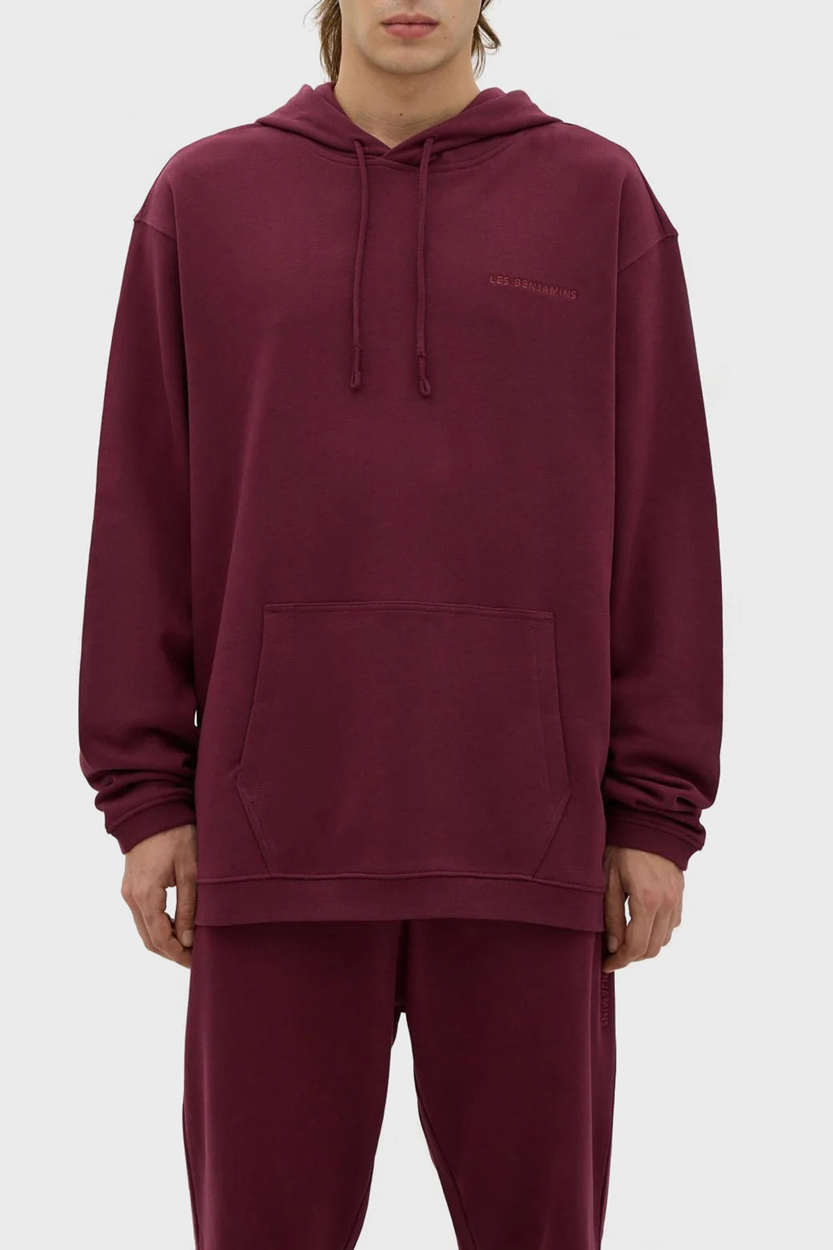Les Benjamins Kapüşonlu Kanguru Cepli % 100 Pamuk Relaxed Fit Erkek Sweat LB23FWESSMUHD-301 BORDO