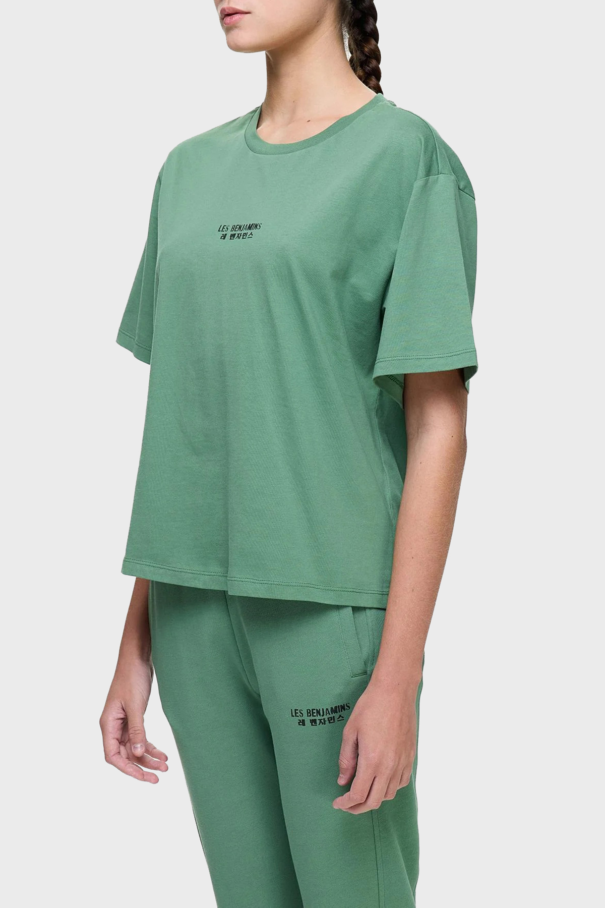 Les Benjamins Ön ve Arka Baskılı % 100 Pamuk Boxy Fit Kadın T Shirt LB25SSUNLFUTS-013 YEŞİL