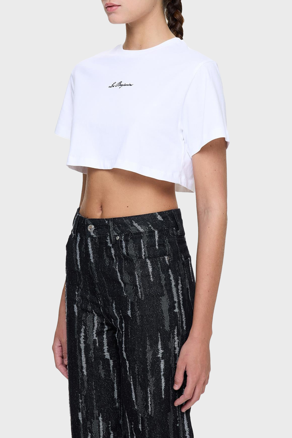 Les Benjamins Ön ve Arka Baskılı % 100 Pamuk Loose Fit Crop Kadın T Shirt LB25SSUNLFUTS-026 BEYAZ