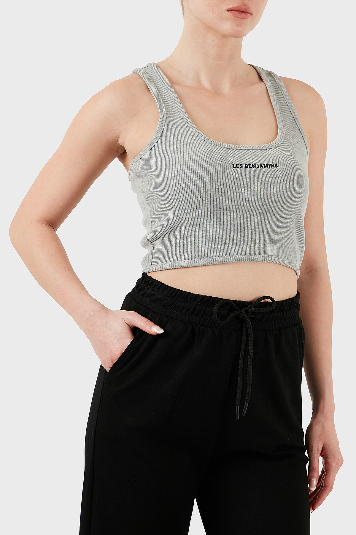 Les Benjamins Pamuklu Slim Fit Kare Yaka Logolu Kadın Top LBNOOSESSFUTN-308 GRİ MELANJ