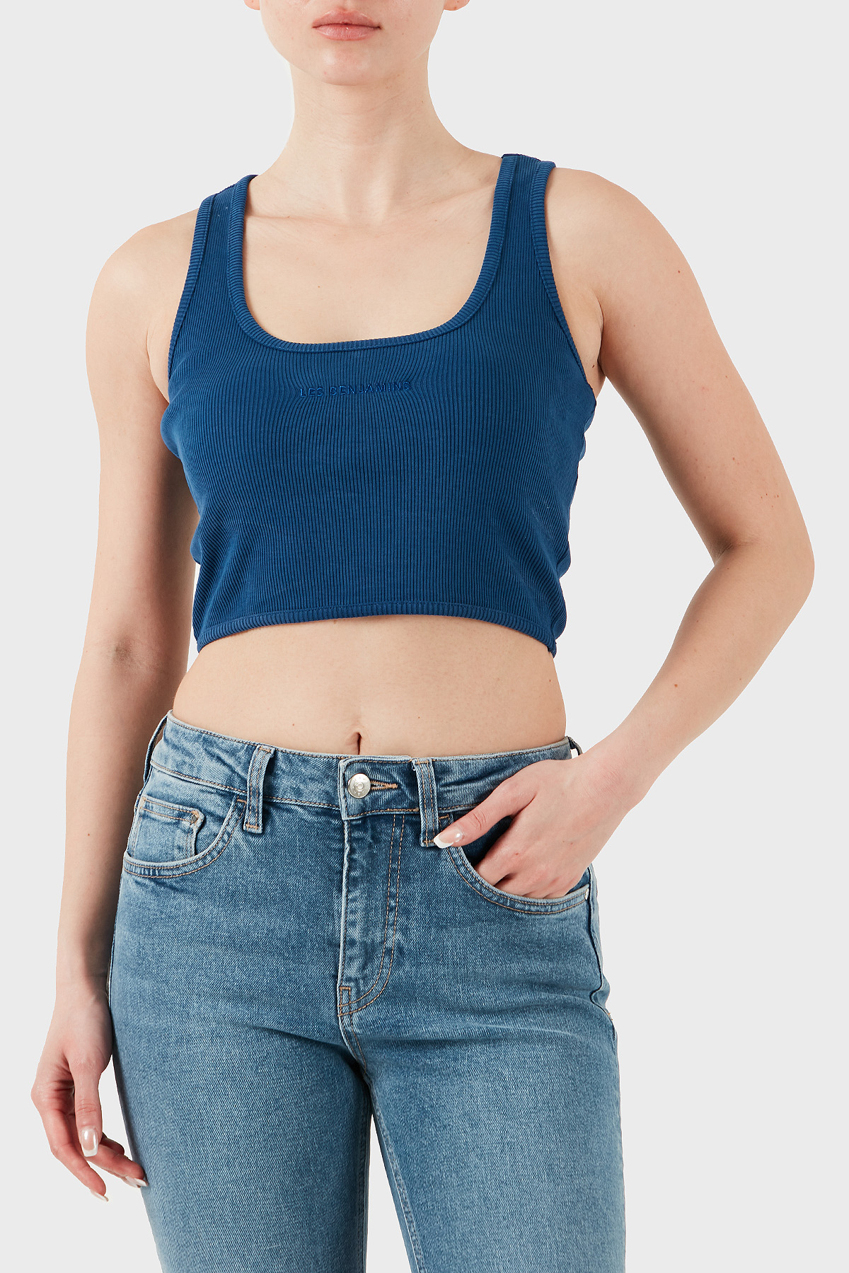 Les Benjamins Pamuklu Slim Fit Kare Yaka Logolu Kadın Top LBNOOSESSFUTN-309 LACİVERT