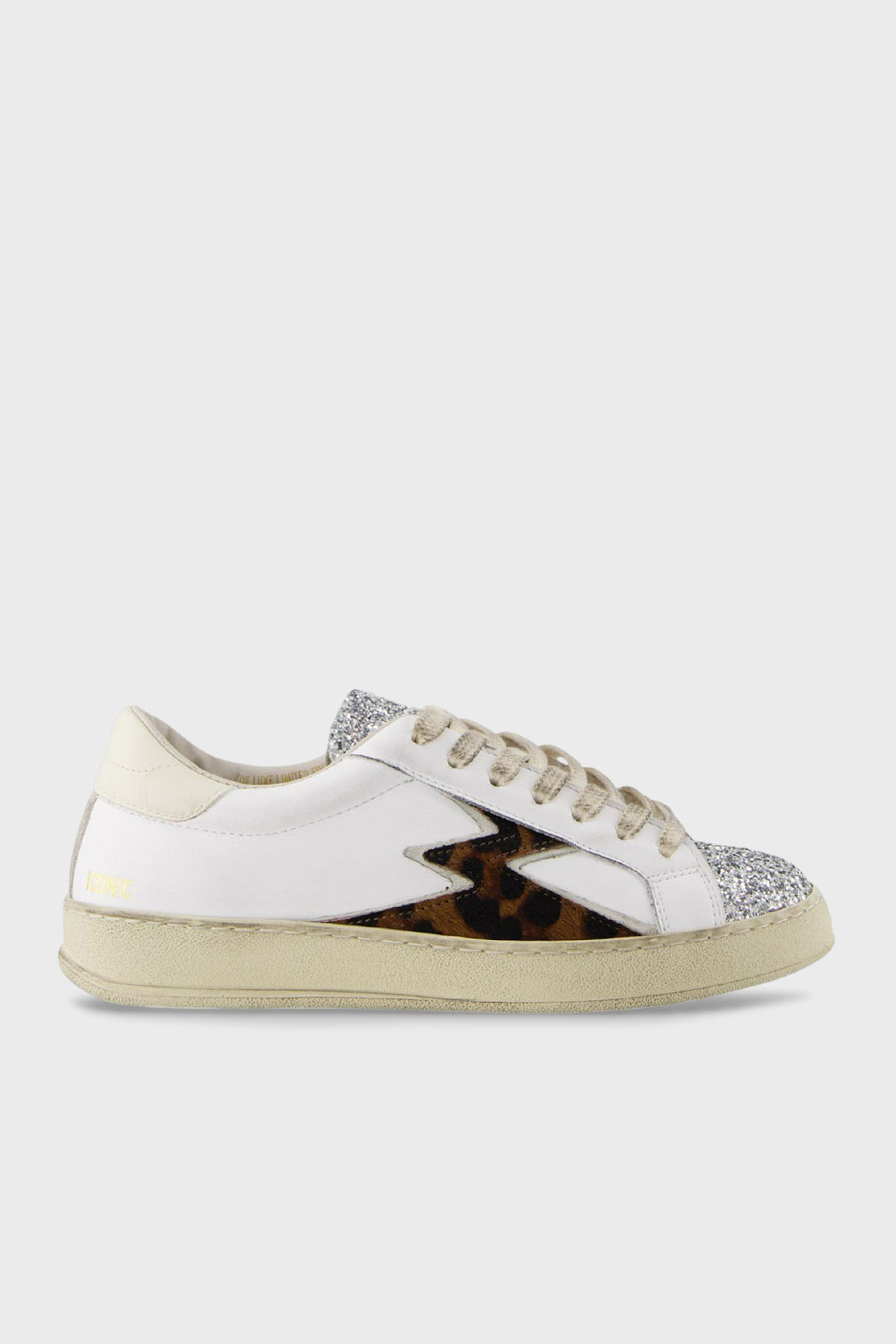 Moaconcept Leopar Desen Detaylı Deri Simli Sneaker Kadın Ayakkabı IC134 BEYAZ-GÜMÜŞ