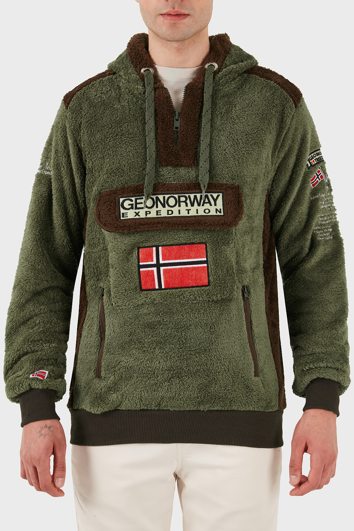 Norway Geographical Kapüşonlu Yarım Fermuarlı Outdoor Polar Erkek Sweat GYMCLASSSHERCO HAKİ